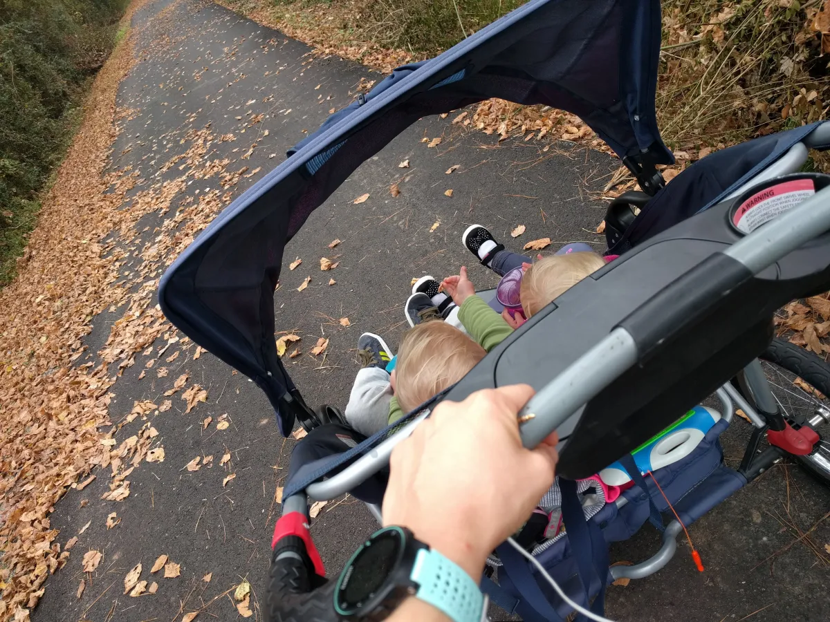 Family on the trail in fall